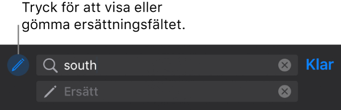 Reglage för att söka efter och ersätta text.