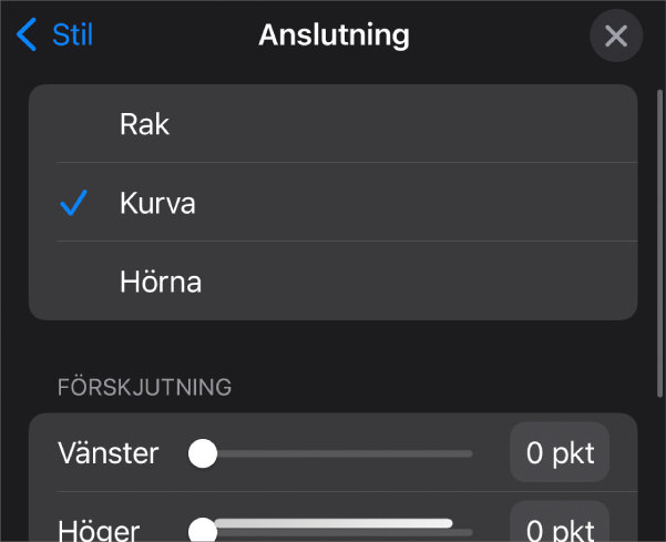 Anslutningsreglagen med Kurva markerat.