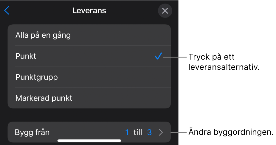 Leveransalternativ på panelen Bygg in.