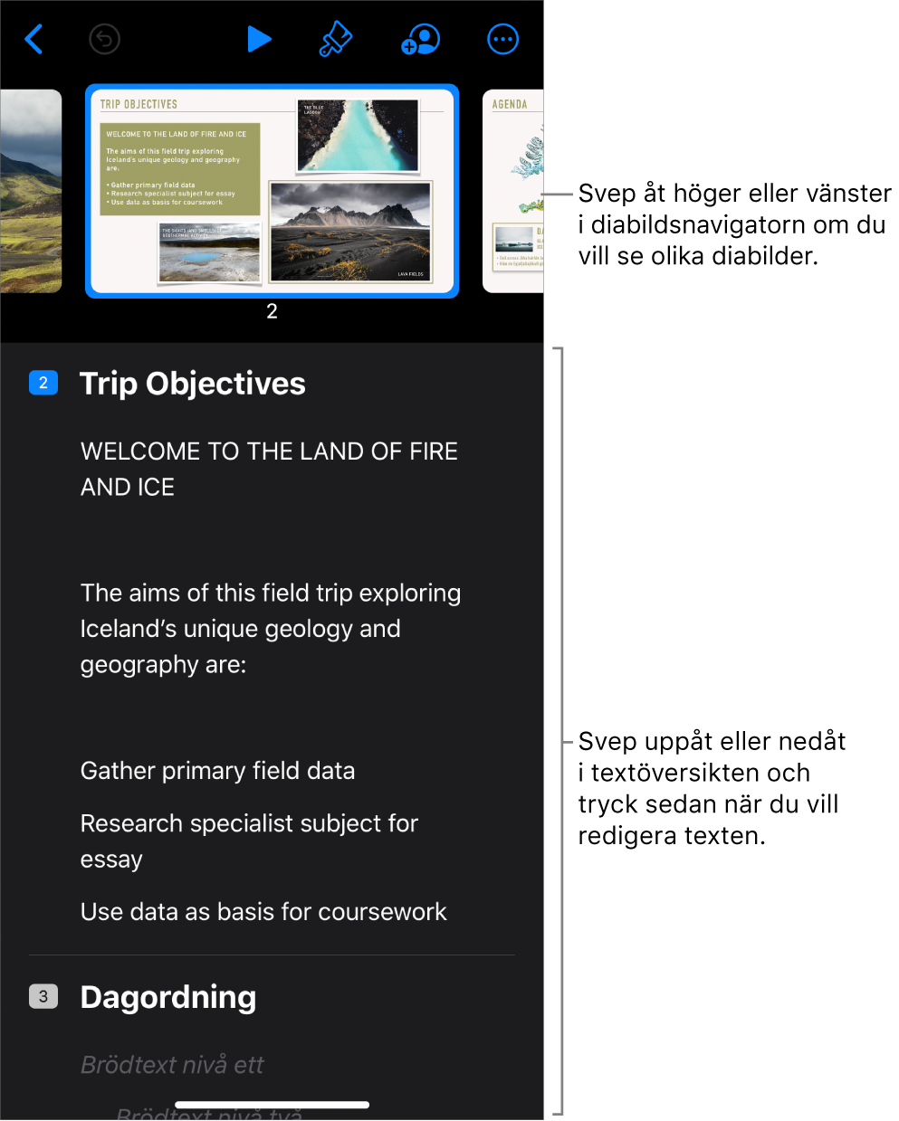 Översiktsvyn med den horisontella diabildsnavigatorn högst upp på skärmen och en textöversikt av en presentation längst ned.