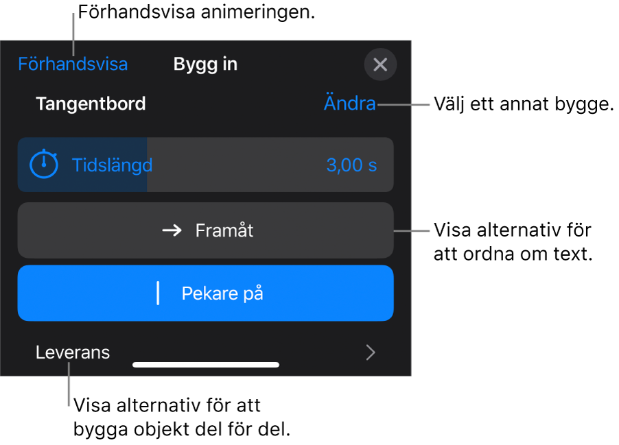Du kan ange byggalternativ som tidslängd, textanimering och textleverans. Tryck på Ändra om du vill välja ett annat bygge, eller tryck på Förhandsvisa om du vill förhandsvisa bygget.