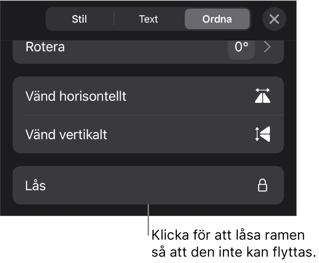 Ordna-reglagen i menyn Format med knappen Lås markerad.