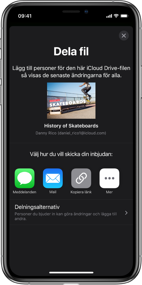 Skärmen Lägg till personer med en bild på presentationen som ska delas. Under den finns knappar med olika sätt för att skicka inbjudan, bl.a. Meddelanden, Mail och Kopiera länk. Längst ned finns knappen Delningsalternativ.