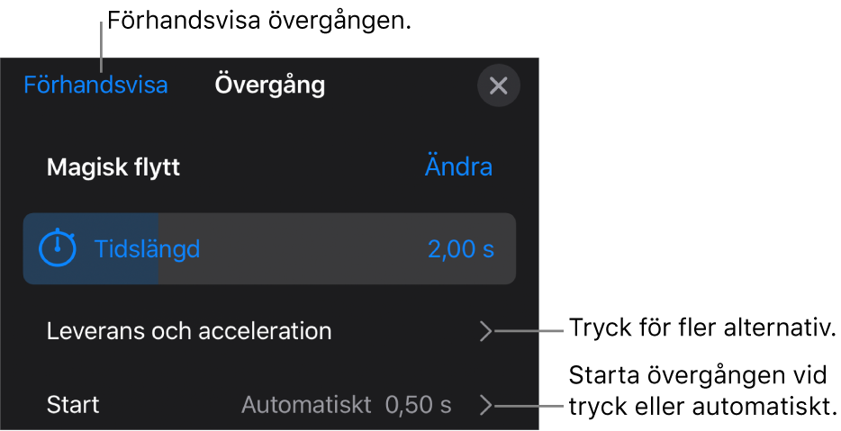 Reglage för Magisk flytt på panelen Övergångar.