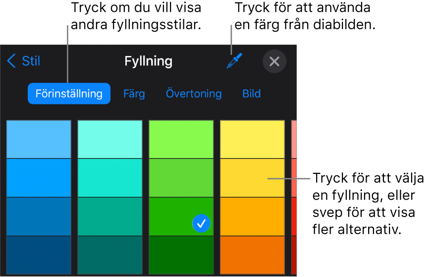 Fyllningsalternativ på fliken Stil.