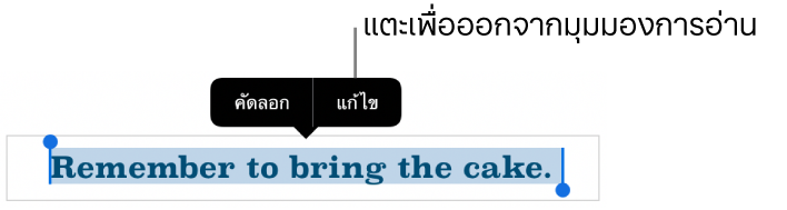 ประโยคถูกเลือกอยู่ และด้านบนเป็นเมนูบริบทที่มีปุ่มคัดลอกและปุ่มแก้ไข