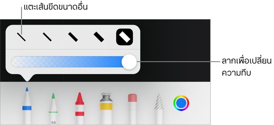 ตัวควบคุมสำหรับเลือกขนาดเส้นขีดและแถบเลื่อนสำหรับปรับความทึบ