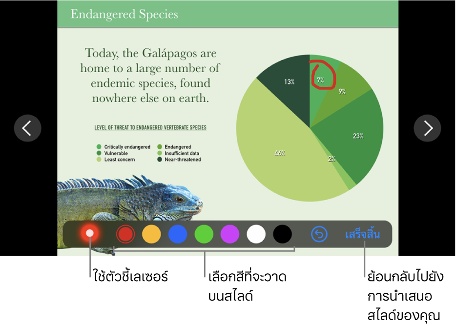 โหมดแสดงให้เห็นสไลด์ในสไลด์จะแสดงตัวชี้เลเซอร์และตัวควบคุมการเลือกสี