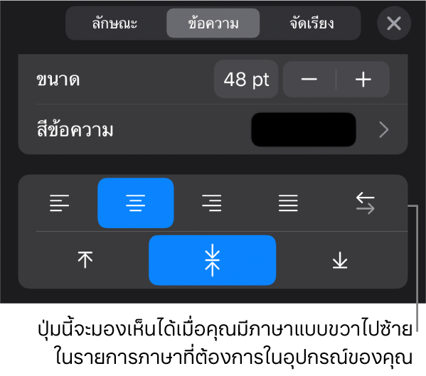 ตัวควบคุมข้อความในเมนูรูปแบบ พร้อมคำอธิบายของปุ่มขวาไปซ้าย
