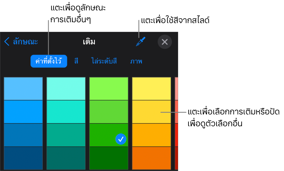 ตัวเลือกการเติมในแถบลักษณะ