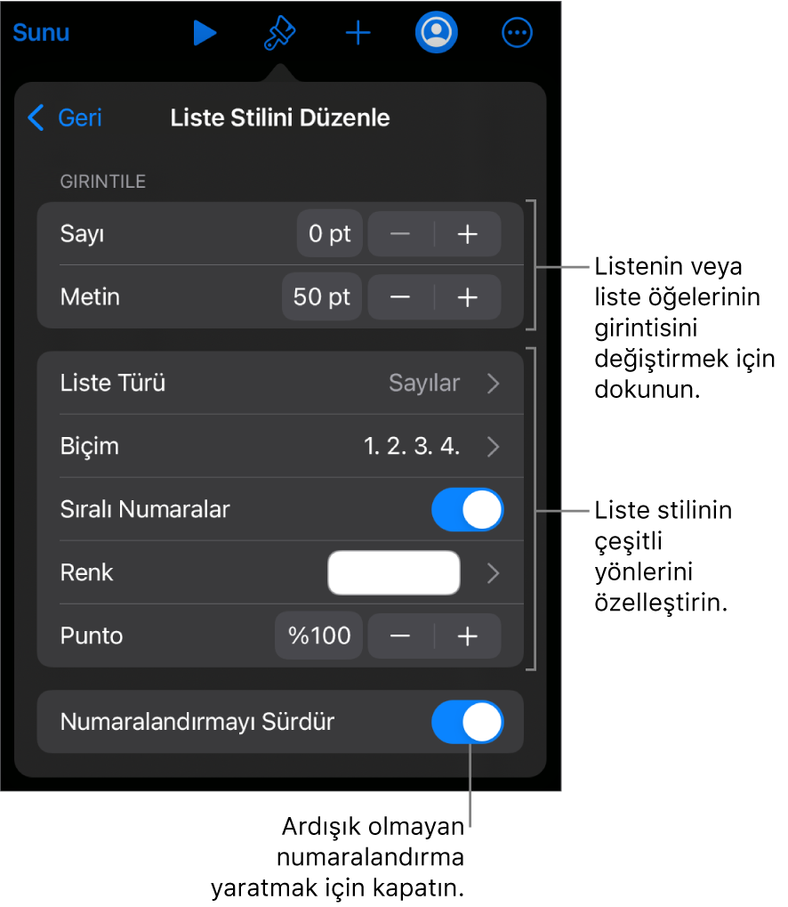 Girinti aralığı, liste türü ve biçimi, katmanlı sayılar, liste rengi ve büyüklüğü ve devamlı numaralandırma denetimleri ile Liste Stilini Düzenle menüsü.