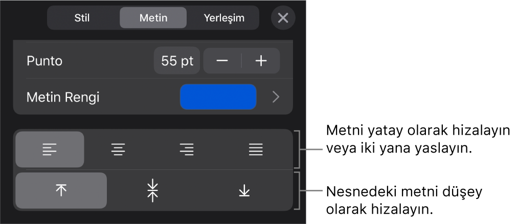 Metin hizalama düğmelerine belirtimler gösteren Biçim düğmesinin Hizalama bölümü.