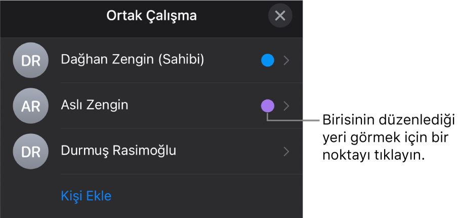 Üç katılımcı ve her adın sağında farklı renkte bir nokta bulunan katılımcı listesi.