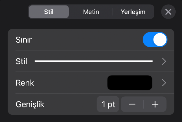 Sınır stili özelleştirme denetimleri.