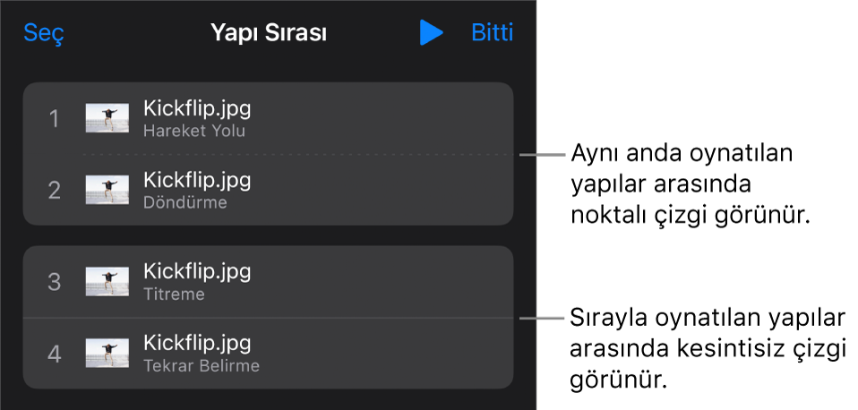 Yapı Sırası menüsü, eşzamanlı oynatılan yapılar arasında görünen noktalı bir çizgi ve tek tek oynatılan yapılar arasında düz bir çizgi ile.