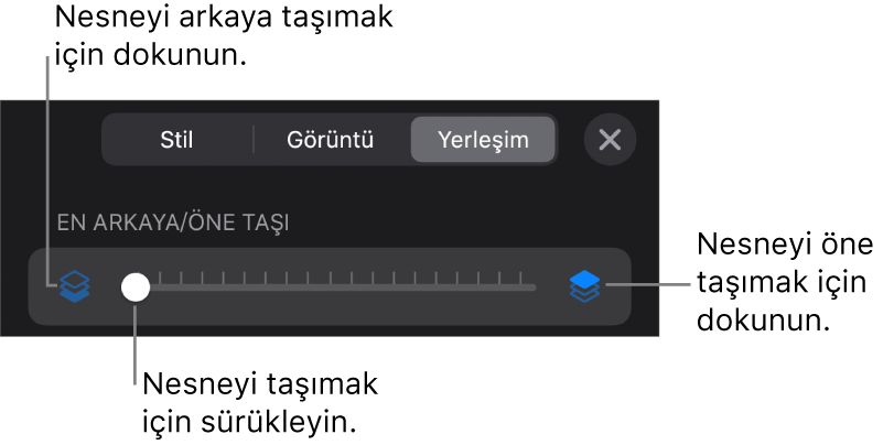 Geri Taşıma düğmesi, İleri Taşıma düğmesi ve katmanlama sürgüsü.