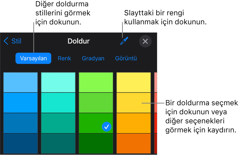 Stil sekmesinde Doldurma seçenekleri.