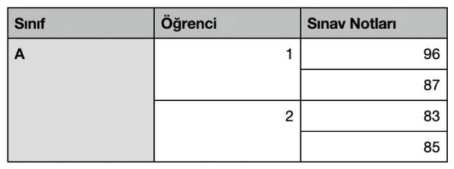 Bir sınıftaki iki öğrencinin notlarını düzenlemek için birleştirilmiş hücreler dizisini gösteren bir tablo.