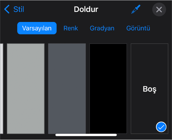 Boş seçili olan Doldur denetimleri.