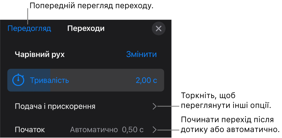 Елементи керування «Чарівний рух» на панелі «Переходи».