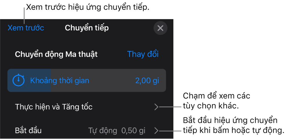 Các điều khiển Chuyển động ma thuật trong khung Chuyển tiếp.