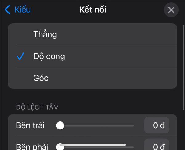 Các điều khiển Kết nối với Cong được chọn.