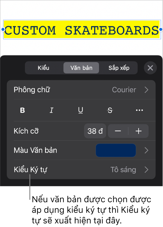 Các điều khiển định dạng Văn bản với Kiểu ký tự bên dưới các điều khiển Màu. Kiểu ký tự Không xuất hiện cùng với dấu hoa thị.