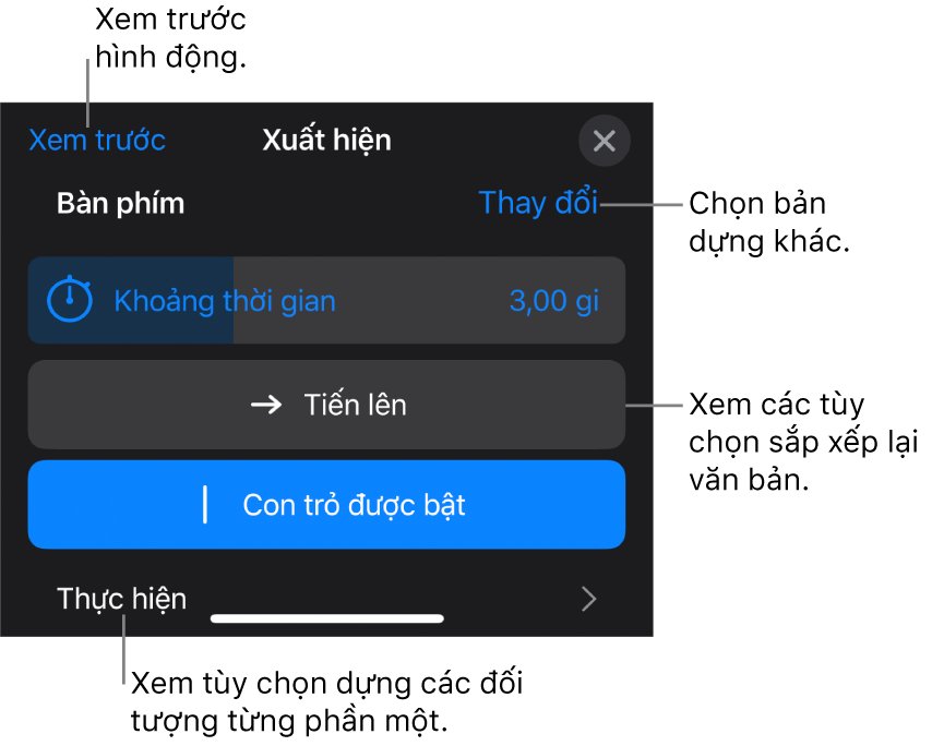 Các tùy chọn bản dựng bao gồm Thời lượng, Hình động văn bản và Thực hiện. Chạm vào Thay đổi để chọn bản dựng khác hoặc chạm vào Xem trước để xem trước bản dựng.