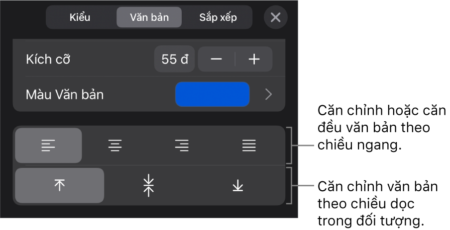 Phần Căn chỉnh của nút Định dạng với các lời nhắc đến các nút căn chỉnh văn bản.