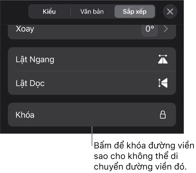 Các điều khiển Sắp xếp trong menu Định dạng với nút Khóa được gọi ra.