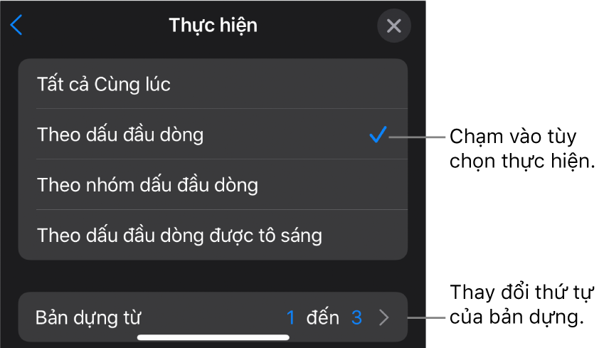 Tùy chọn Thực hiện trong khung Xuất hiện.