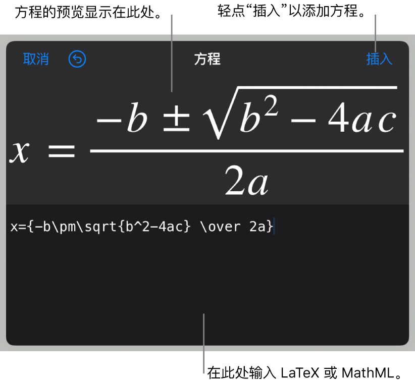 “方程”栏中使用 LaTeX 所写的二次公式以及下方公式的预览。