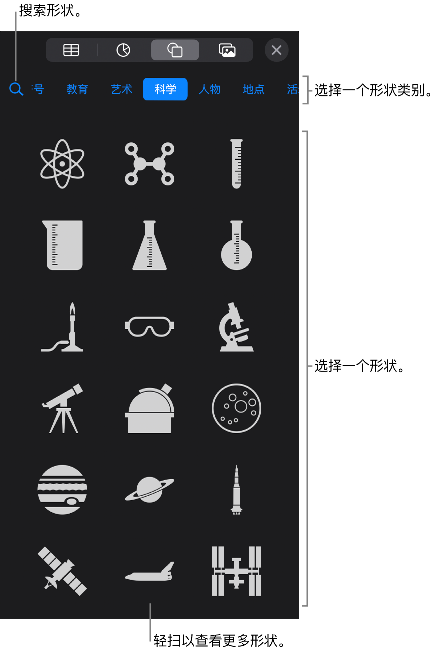 形状库，类别位于顶部，形状显示在下方。您可以使用顶部的搜索栏来查找形状，还可以轻扫来查看更多形状。
