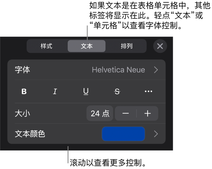 “格式”菜单中的“文本”控制，用于设定段落和字符样式、字体、大小和颜色。