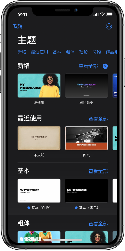 主题选取器,顶部一行显示类别,您可以轻点以过滤选项。“更多”按钮位于右上角,供您设定“标准”或“宽幅”格式以及特定语言或地区的格式。下方是预设计主题的缩略图,按类别排列成行。“查看全部”按钮显示在上方和每个类别行的右侧。