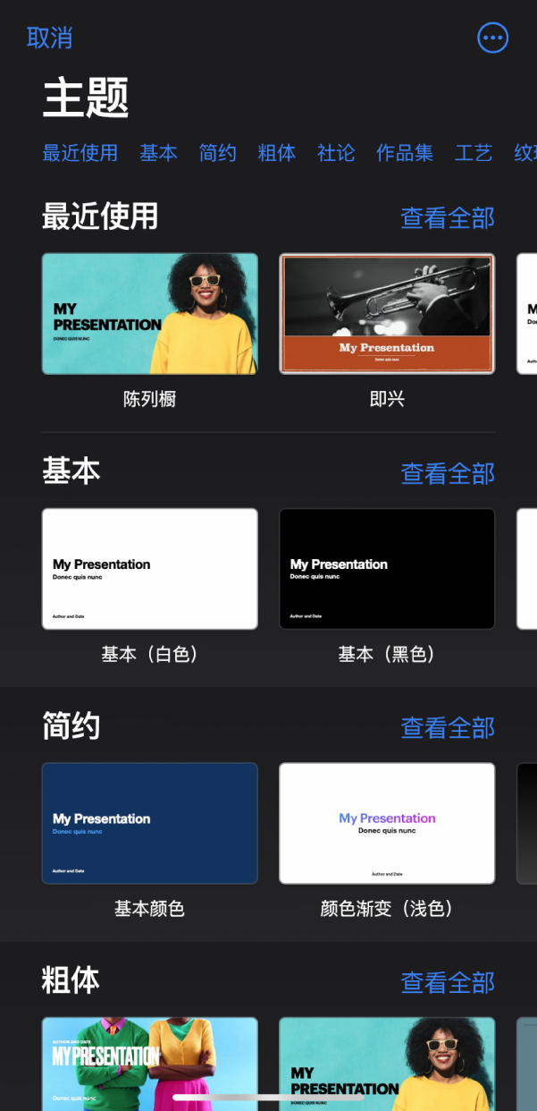 主题选取器，顶部一行显示类别，您可以轻点以过滤选项。“更多”按钮位于右上角，供您设定“标准”或“宽幅”格式以及特定语言或地区的格式。下方是预设计主题的缩略图，按类别排列成行。“查看全部”按钮显示在上方和每个类别行的右侧。