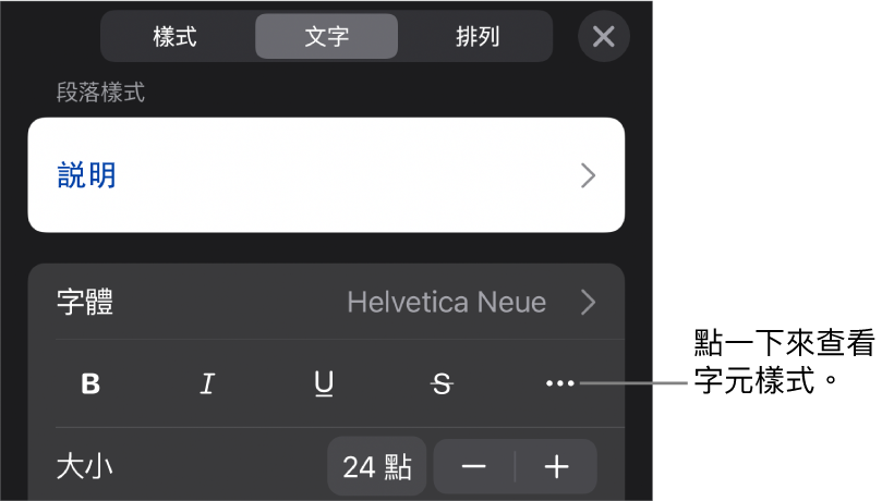 具備段落樣式的「格式」控制項目在最上方，然後是「字體」控制項目。「字體」下方為「粗體」、「斜體」、「底線」、「刪除線」和「更多文字選項」按鈕。