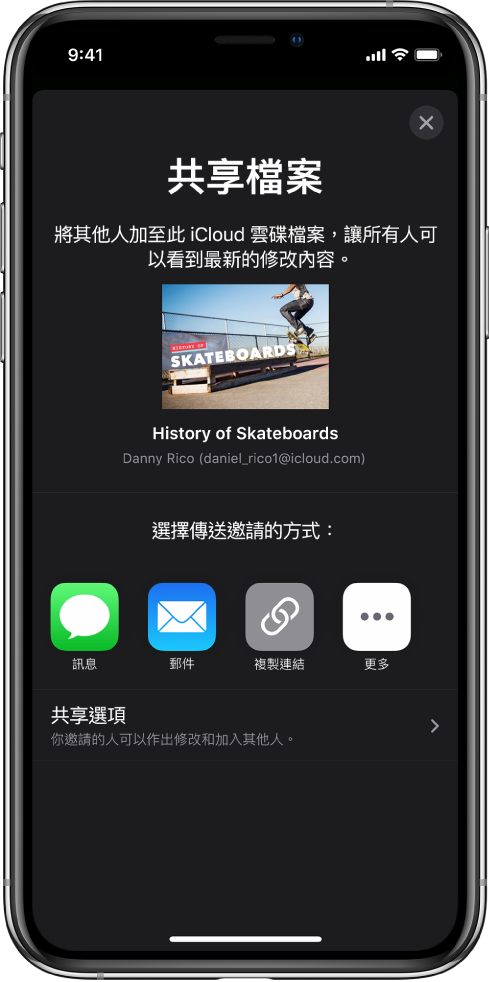 「加入成員」畫面顯示要共享簡報的圖片。其下方為傳送邀請的方式,包括「訊息」及「郵件」、「複製連結」等等。最下方是「分享選項」按鈕。