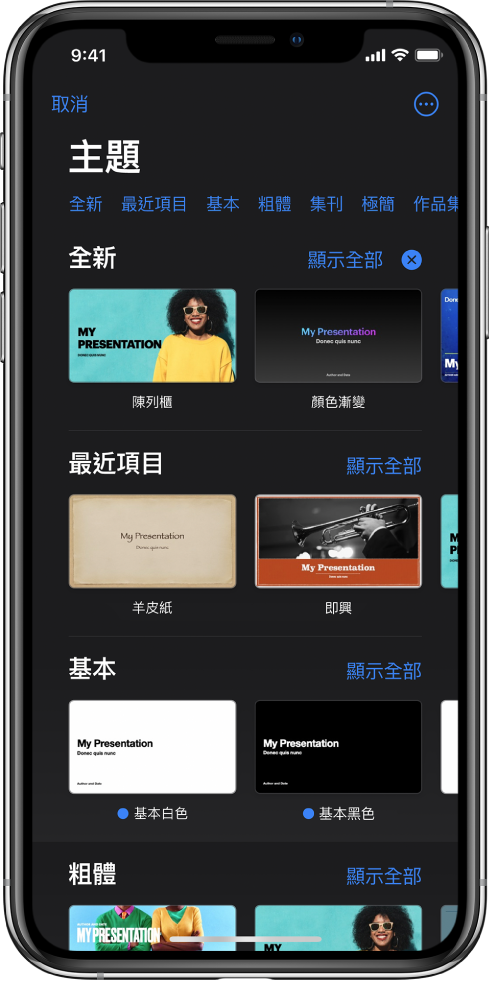 主題選擇器的最上方正在顯示類別列,你可以點一下來過濾選項。「更多」按鈕位於右上角,並為特定語言或地區設定格式。下方是按類別以列排列的預先設計主題縮圖。「顯示全部」按鈕在上方以及每個類別列的右邊出現。