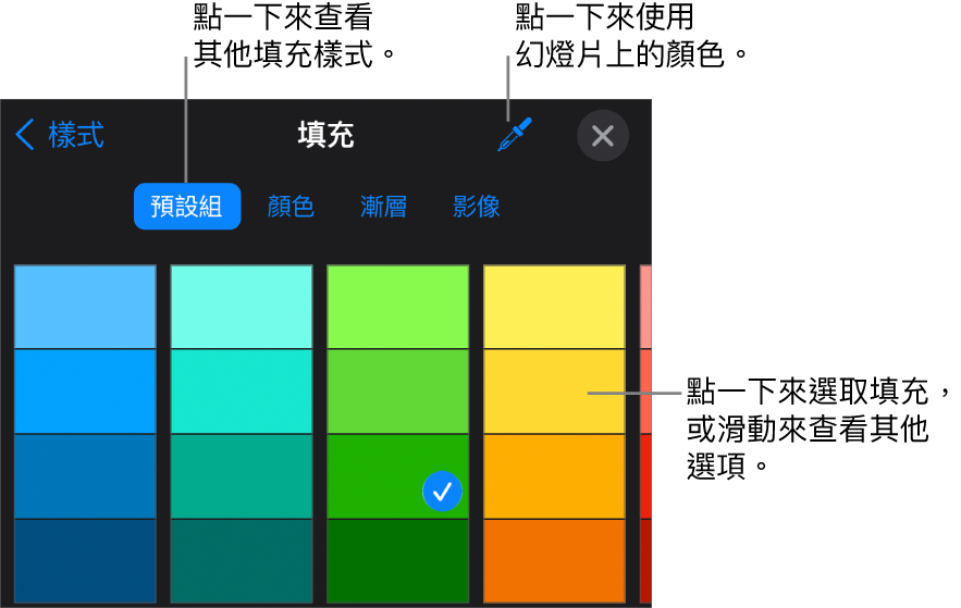 「樣式」標籤頁中的「填充」選項。