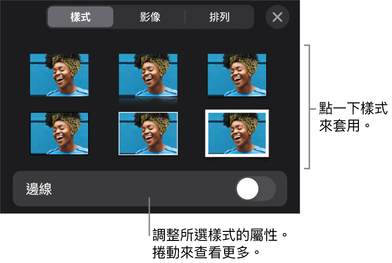 「格式」選單中的「樣式」標籤頁,最上方為物件樣式,下方為用於更改邊線的控制項目。