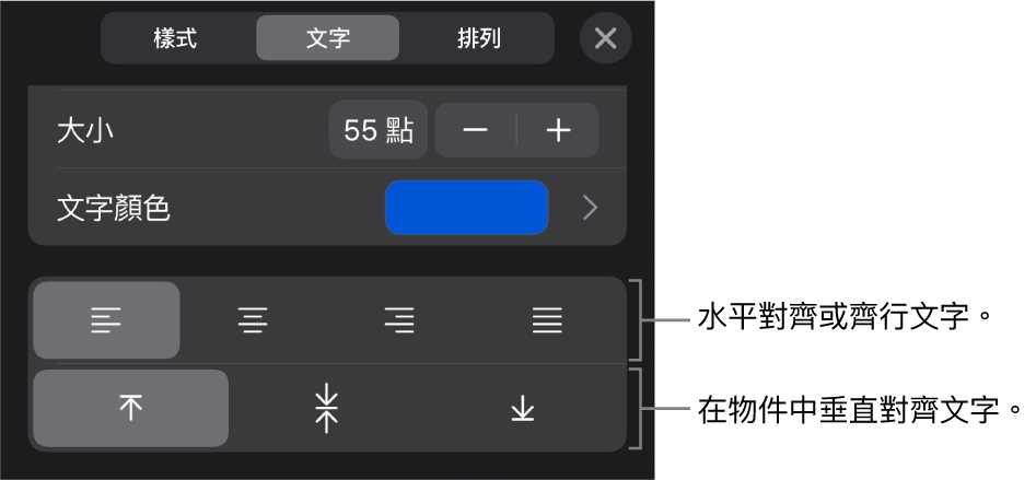 「格式」按鈕的「對齊方式」部分，說明文字指向文字對齊方式按鈕。