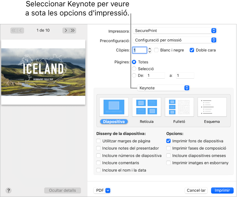 El quadre de diàleg Imprimir amb el Keynote seleccionat al menú desplegable que hi ha a sota del Pages. A sota hi ha les disposicions d’impressió Diapositiva, Retícula, Fulletó i Esquema amb l’opció Dispositiva seleccionada. A sota de les disposicions hi ha caselles per mostrar marges, incloure notes del presentador, imprimir imatges en qualitat d’esborrany i altres opcions.