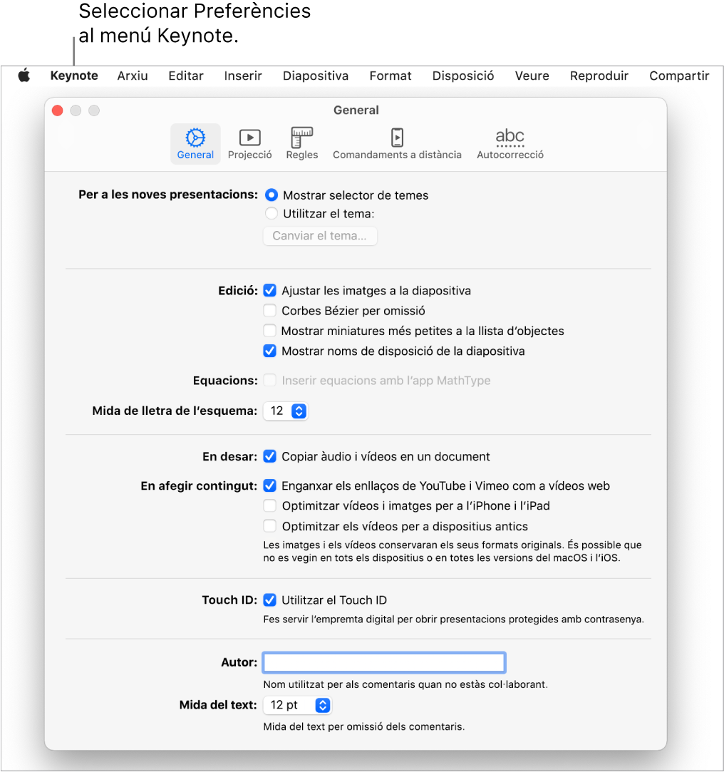 La finestra de preferències del Keynote, oberta amb el tauler General.