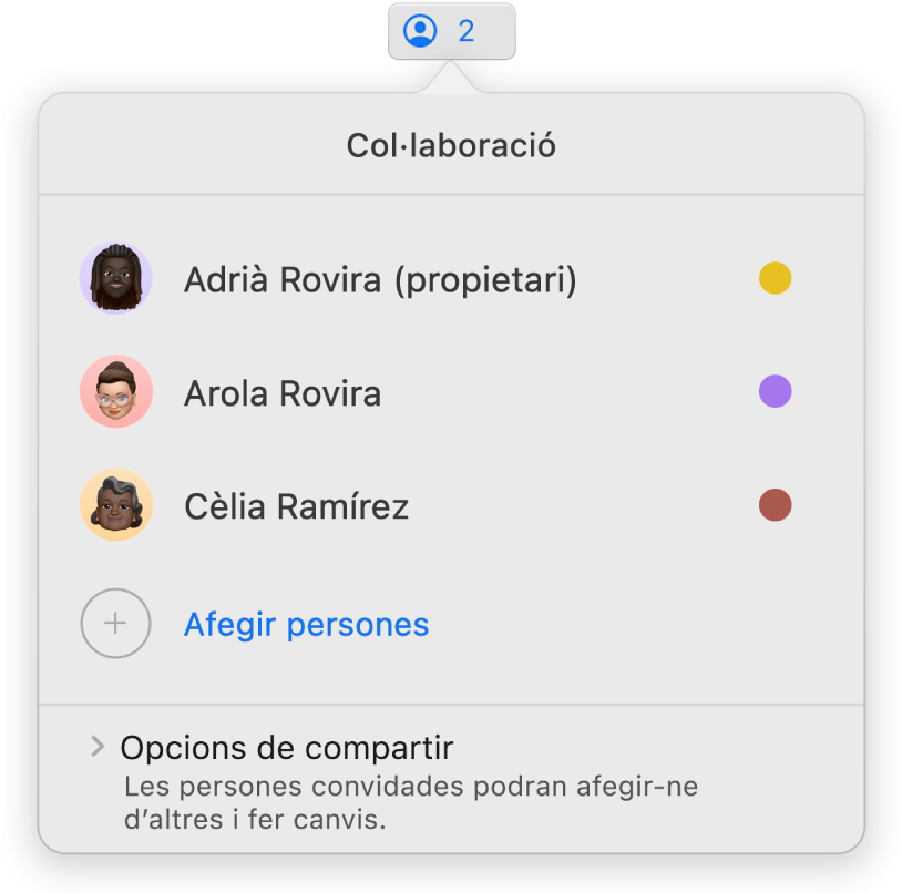 El menú Col·laboració, en què es mostren els noms de les persones que col·laboren en la presentació. Les opcions de compartir són a sota dels noms.