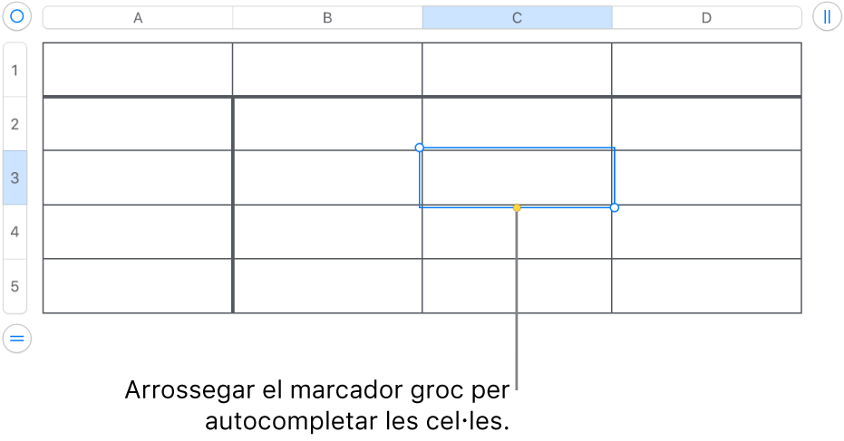 Una cel·la seleccionada amb un marcador groc que pots arrossegar per autocompletar cel·les.