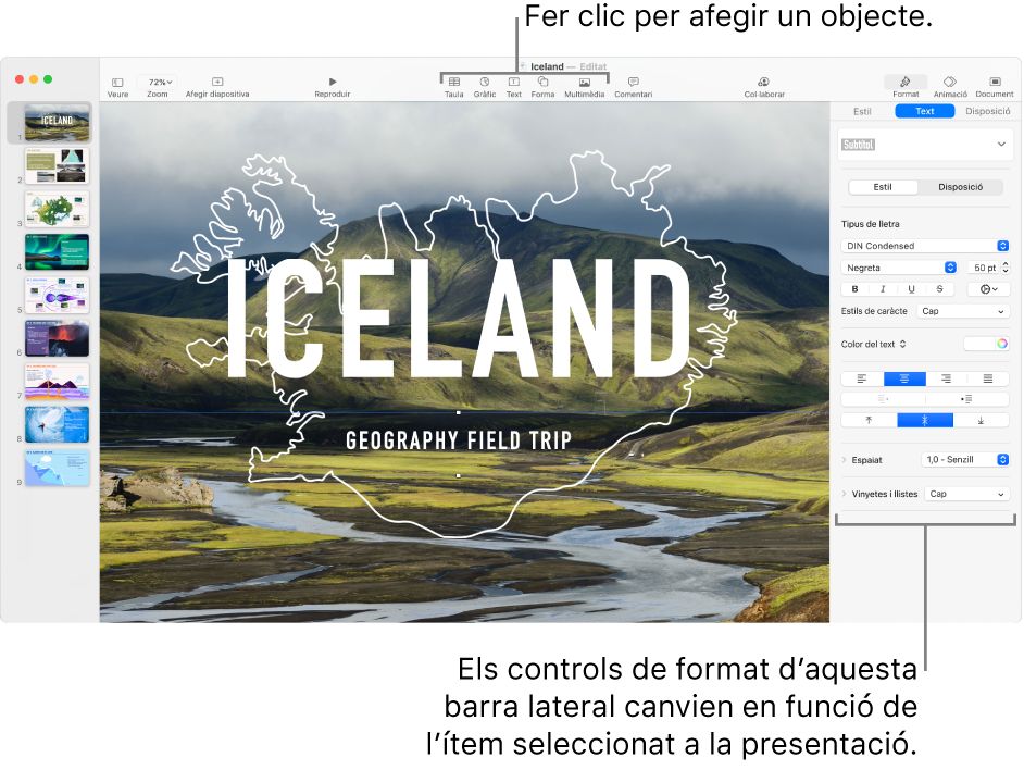 Els botons del Keynote de la barra d’eines per afegir objectes i obrir la barra lateral.