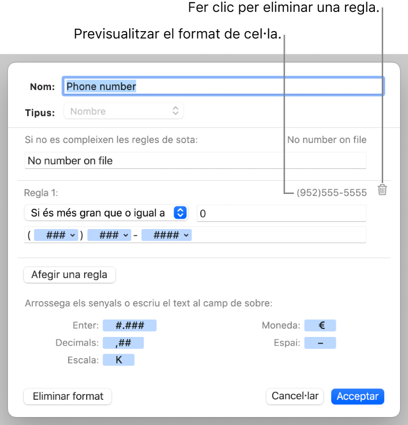 Format personalitzat de cel·la numèrica amb regles.