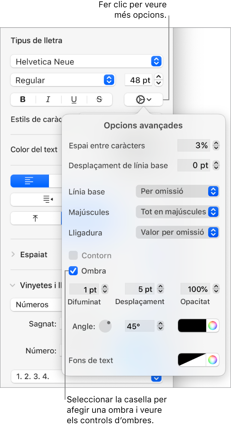 Les opcions avançades, obertes amb la casella Ombra seleccionada i els controls per definir el difuminat, el desplaçament, l’opacitat, l’angle i el color.