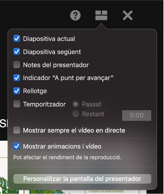 Opcions de visualització del presentador, incloent-hi la diapositiva actual, diapositiva següent, notes del presentador, indicador per avançar, rellotge i temporitzador. El temporitzador té opcions addicionals per mostrar el temps transcorregut o el temps restant.